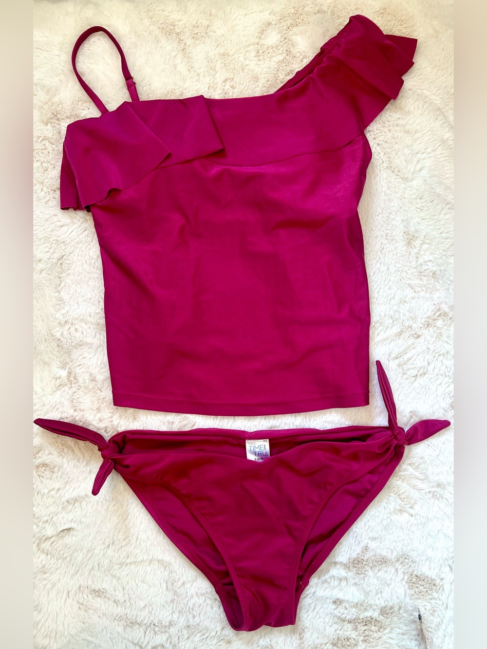 Time & Tru Fuchsia One Shoulder Ruffle Tankini Swimsuit Set Small and Medium